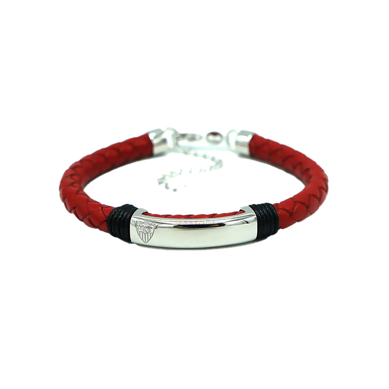 Pulsera cuero y acero placa lisa roja